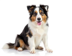 A dog sits on a white surface with a mix of black, white, and brown fur