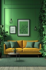 Stylish living room designed with greenery and natural decor elements