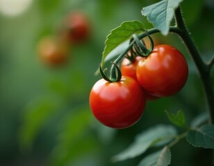 A close-up of two ripe tomatoes growing on a plant