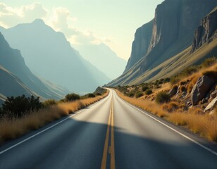 Deserted highway stretching through a mountainous terrain, great for travel and adventure scenes