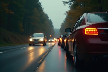 Cars driving on a road, various models and colors