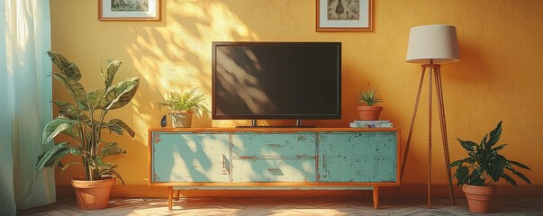 Vintage living room with a retro TV and green houseplants
