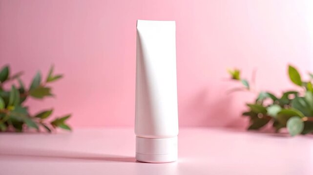 Minimalist White Cosmetic Tube Mockup on Pink Backdrop with Eucalyptus Leaves Elegant Product Presentation in Soft Lighting