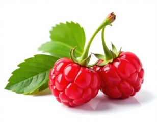 Fresh raspberries and their leaves arranged on a white background