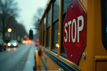A stop sign on the side of a school bus, often seen in school zones and streets