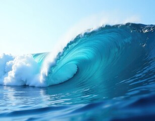 A powerful wave crashes into the ocean, with sea spray and foam visible