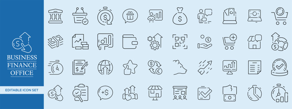 Business, Finance, and Office Outline Icon Set – Corporate, Accounting, Banking, Office Management, and Startup Essentials Vector Pack