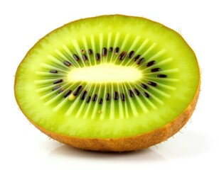 Fresh kiwi fruit cut in half on a white surface, perfect for food and cooking photography