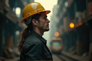 A man wearing a hard hat standing on a city street, likely involved in construction or building work