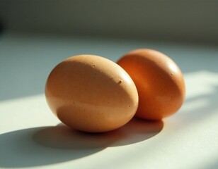 Two brown eggs sit atop a clean white surface, perfect for photography or cooking