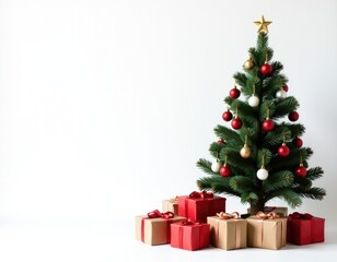 A compact Christmas tree surrounded by gifts and decorations
