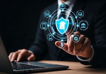 Businessman touching a digital shield with various security icons around it