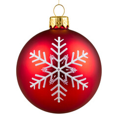 Glossy Red Christmas Ball Ornament with Gold Cap and Snowflake Pattern, Front View, Isolated on Transparent Background