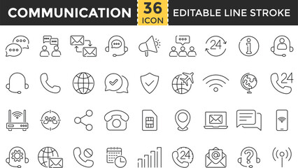 Communication Line Icon Set. Pixel Perfect and Outline Editable Stroke Icons collection for Dialogue, Voice Message, Online Chat, Messaging, Call, Talk, Speech, Email, Contact