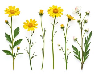 A bouquet of yellow and white flowers arranged on a clean white surface