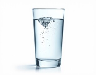 A clear glass filled with cold water and floating ice cubes