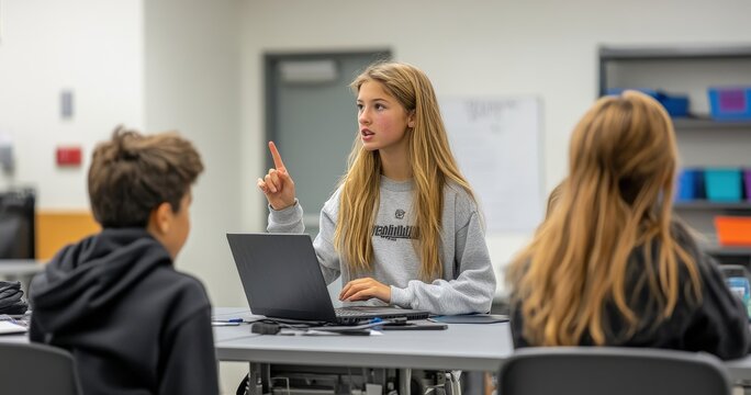 Young students collaborating in a group project with laptops at a table