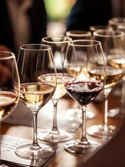 Elegant wine tasting session with diverse glasses on a table in a warm, ambient setting.