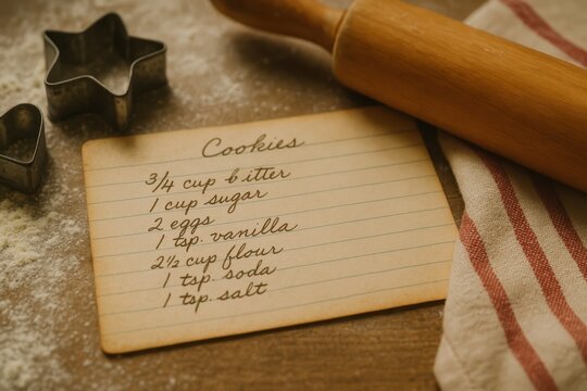 Handwritten cookie recipe. An old handwritten recipe card for cookies on a wooden table with baking ingredients and tools.