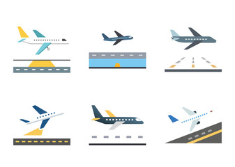 Set of six different images of airplanes taking off and landing