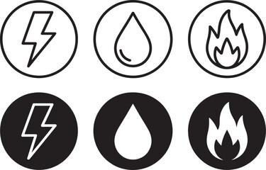 Collection of elemental symbols including electricity water and fire depicted in both outline and solid silhouette styles on a neutral background