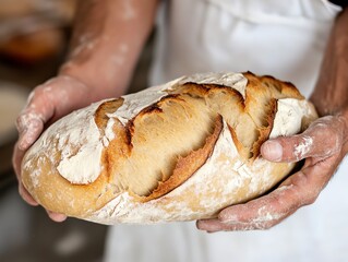 Freshly baked artisan bread held by a baker with flour-dusted hands.