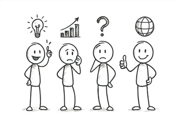 Hand-drawn stick figure illustrations showing emotions and concepts like idea, growth, confusion, and approval. Perfect for presentations, infographics, web design, and business visuals