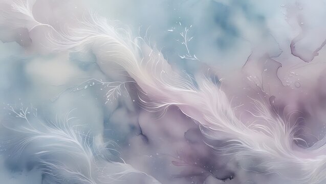 Abstract watercolor feathers and delicate floral sprigs in soft pastel color palette