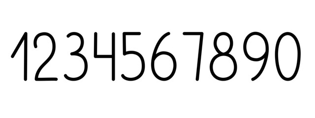 Numbers from zero to nine as a part of alphabet simple black line art vector illustration, calligraphic abc, cute funny decorative handwriting, handwritten numerals, maths symbols