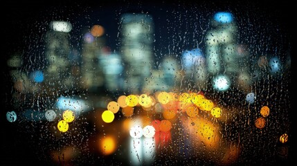 Night Cityscape Through Rain-streaked Window