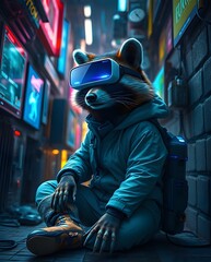 Fototapeta premium A raccoon character in a cyberpunk setting wearing a hoodie and VR visor, standing in a neon-lit alley. Perfect for tech-themed illustrations, games, or futuristic storytelling
