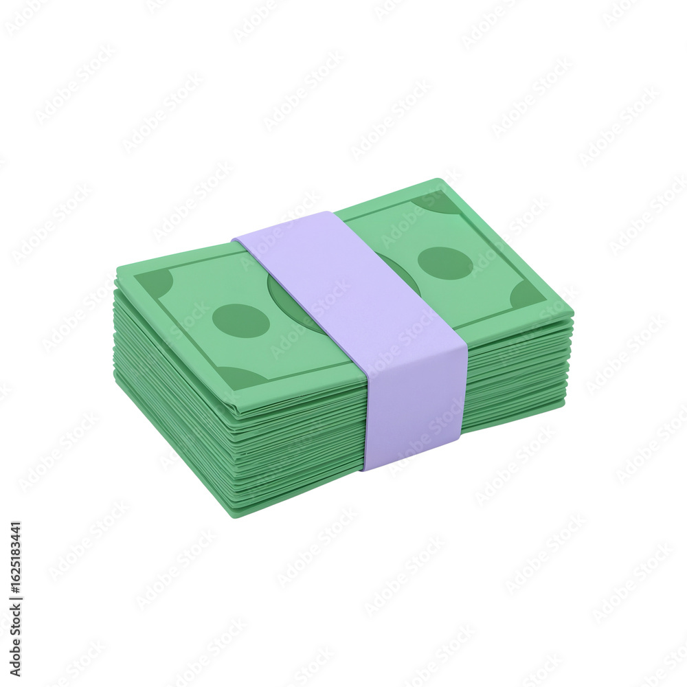 Poster stylized stack of money with secure purple band floating on a stark transparent background