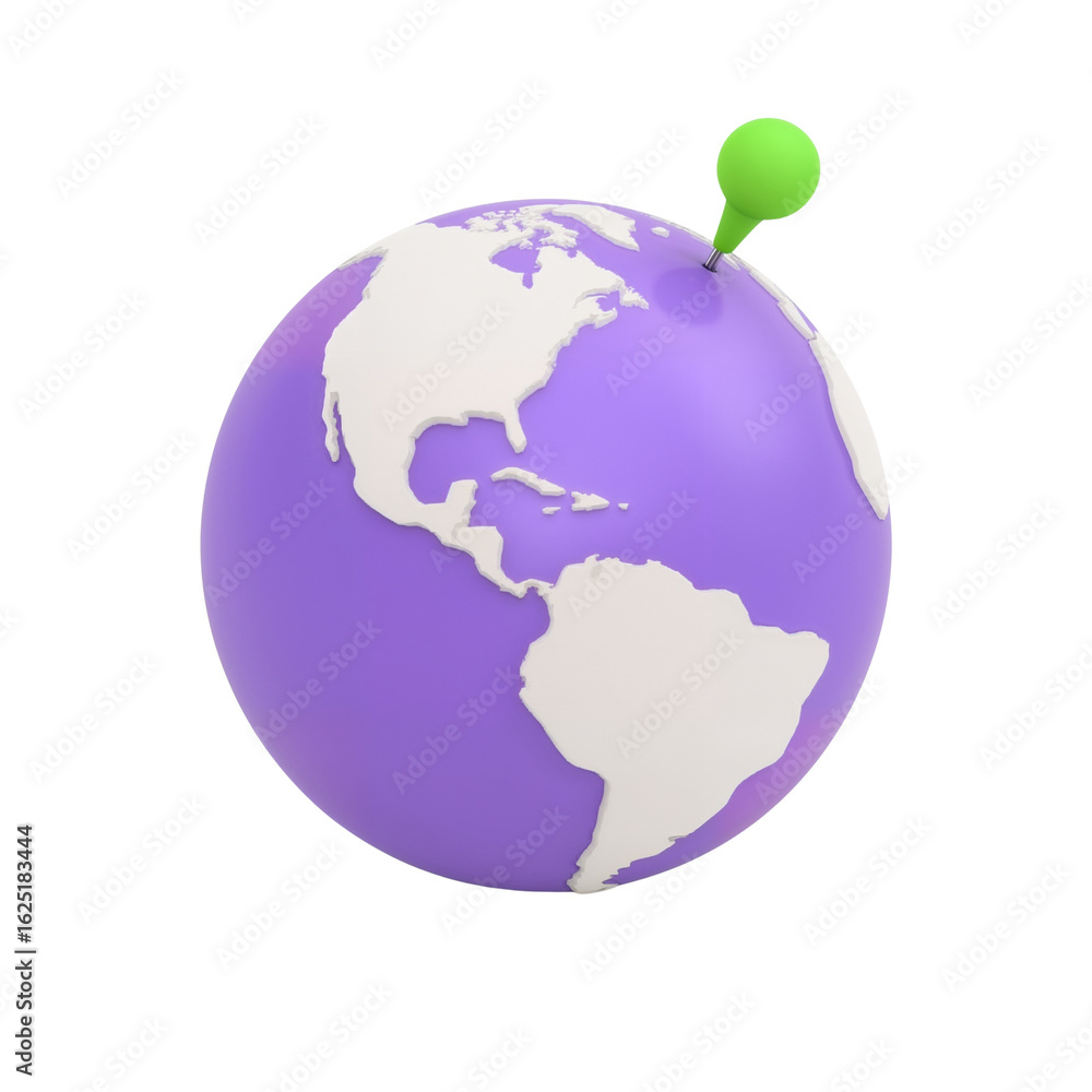 Poster purple globe with green pin marking a location emphasizing global connection and place on isolated