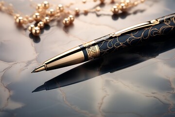 Fototapeta premium Ornate Black and Gold Pen with Pearl Necklace Reflection