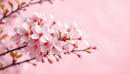 Obraz premium Delicate pink cherry blossoms softly bloom against a pastel pink backdrop Perfect for spring cards, spring, beauty