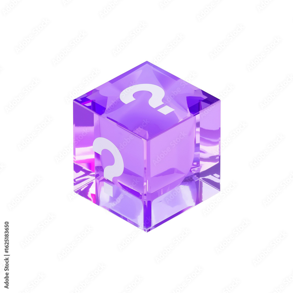 Poster illuminated purple cube displaying question marks floating with a transparent backdrop creating