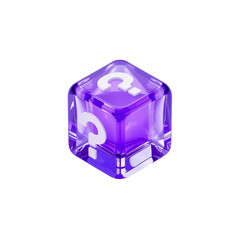 Luminous purple translucent cube adorned with question marks floats on a seamless field
