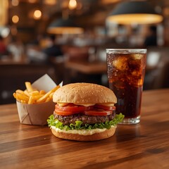 A juicy burger sits on a sleek wooden table, with a golden-brown bun, crispy lettuce, thin slices of red tomatoes, creamy mayonnaise, and a beef patty