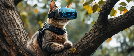 Cat wearing virtual reality device and sitting on tree