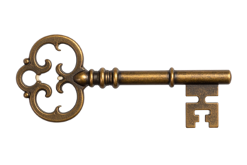 Side View of Vintage Brass Key with Baroque-Inspired Handle, isolated on transparent background