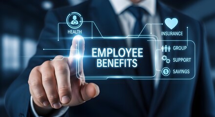 Employee benefits concept shown on virtual screen, business theme