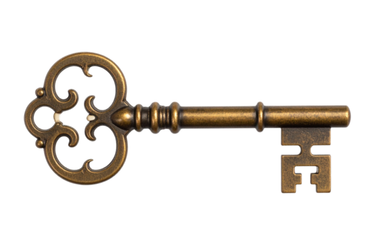 Side View of Vintage Brass Key with Baroque-Inspired Handle, isolated on transparent background