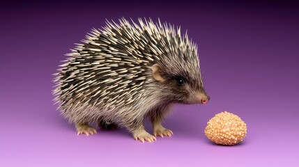 Small Hedgehog with Brown and White Quills Facing Food Pellet on Purple Background