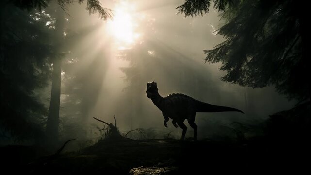 A silhouette of a dinosaur in a misty forest setting. The style is cinematic, with a focus on the interplay of light and shadow. The color palette is dominated by cool tones.
