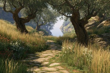 Sunlit Pathway Through Meadow and Olive Trees