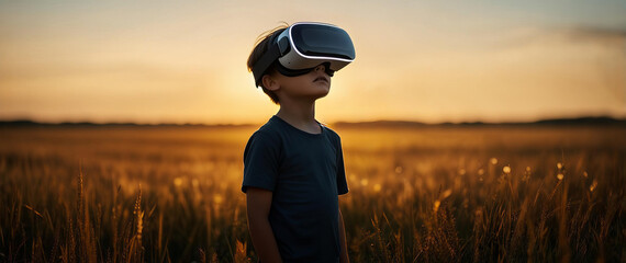 Little boy using virtual reality device to learn new things