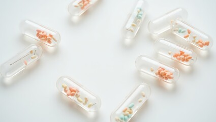 Scattered transparent capsules filled with colorful granules on a bright white surface creating a pattern