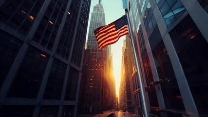 A highresolution digital rendering of a cityscape during sunset or sunrise, with the American flag prominently displayed in the foreground. The cityscape is dominated by tall buildings. - Powered by Adobe