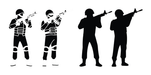 Silhouette vector set of an American soldier holding a gun. On white background
