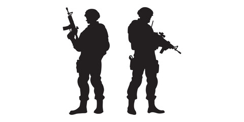 Silhouette vector set of an American soldier holding a gun. On white background